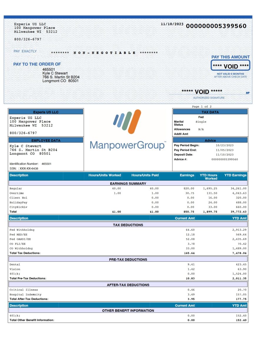 USA Experis US LLC Pay Stub Word And PDF Template 2 Pages