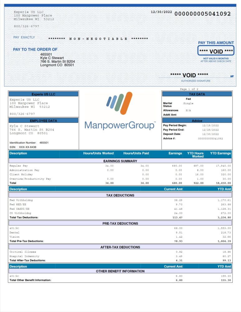 USA Experis US LLC PayStub Word And PDF Template 2 Pages