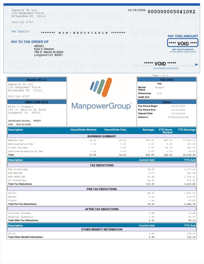 USA Experis US LLC PayStub Word And PDF Template 2 Pages
