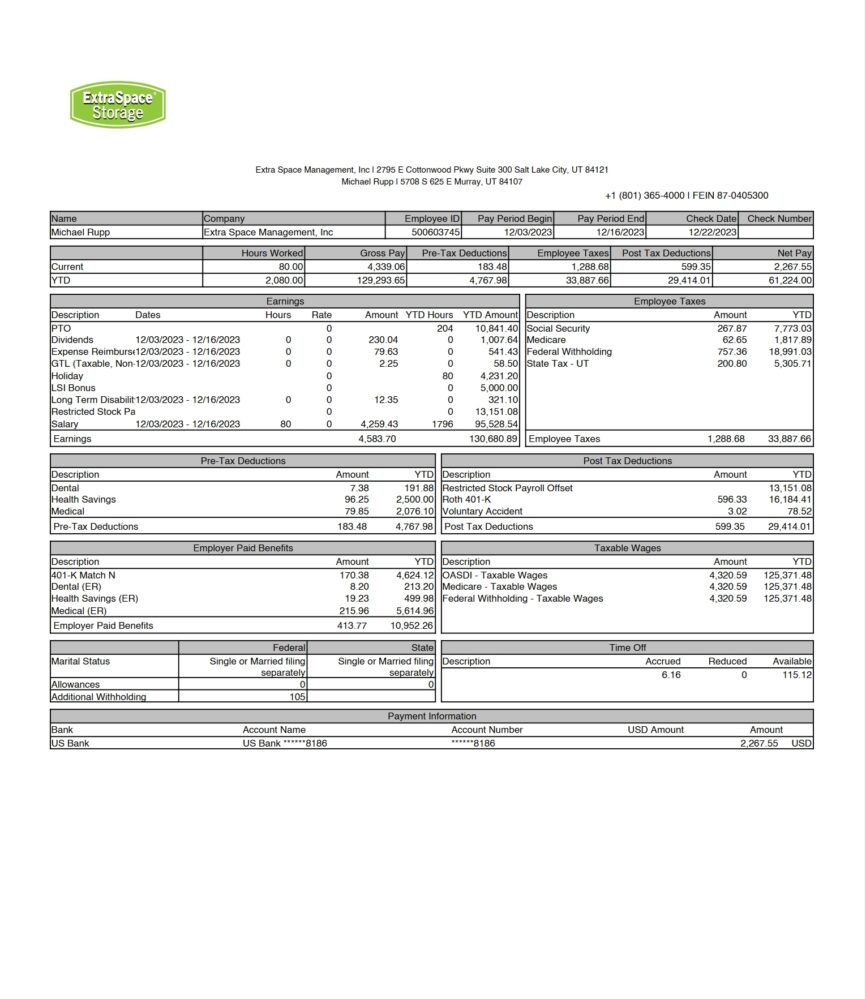USA Extra Space Management Inc Pay Stub Word And PDF Template 2 Pages