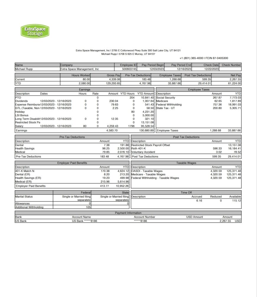 USA Extra Space Management Inc Pay Stub Word And PDF Template 2 Pages
