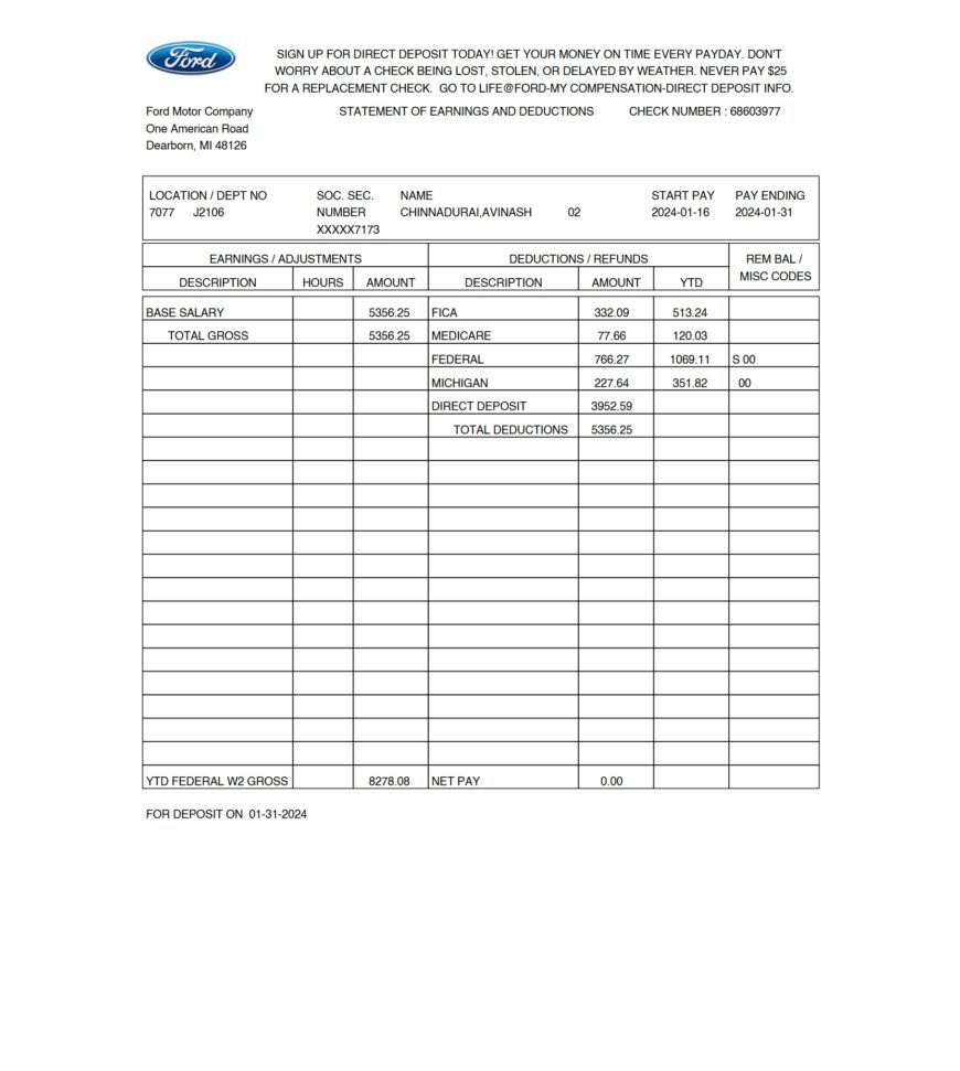 USA Ford Motor Company PayStub Word And PDF Template 2 Pages