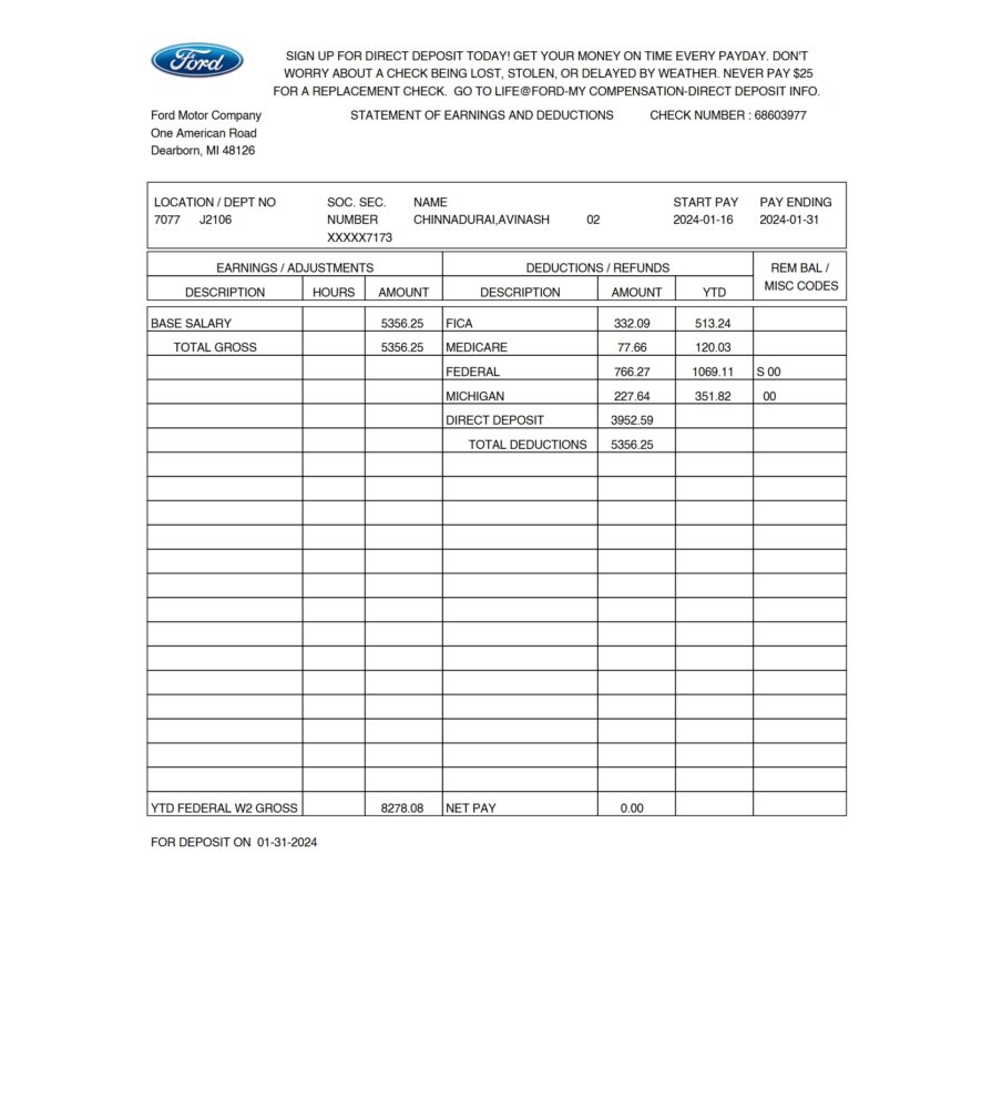 USA Ford Motor Company PayStub Word And PDF Template 2 Pages