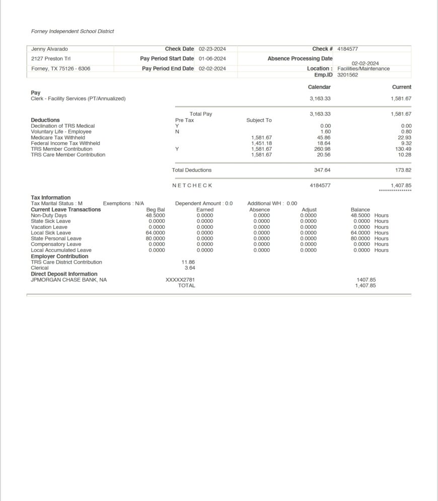 USA Forney Independent School District Earnings Statement Word And PDF Template