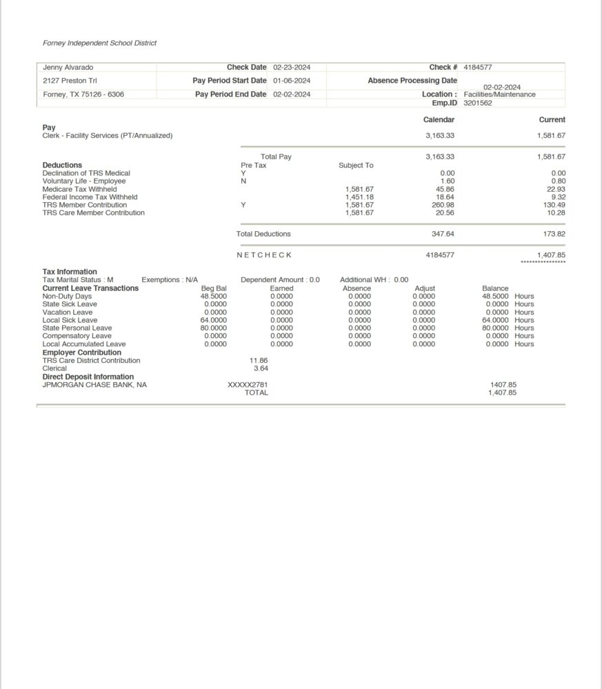 USA Forney Independent School District Earnings Statement Word And PDF Template