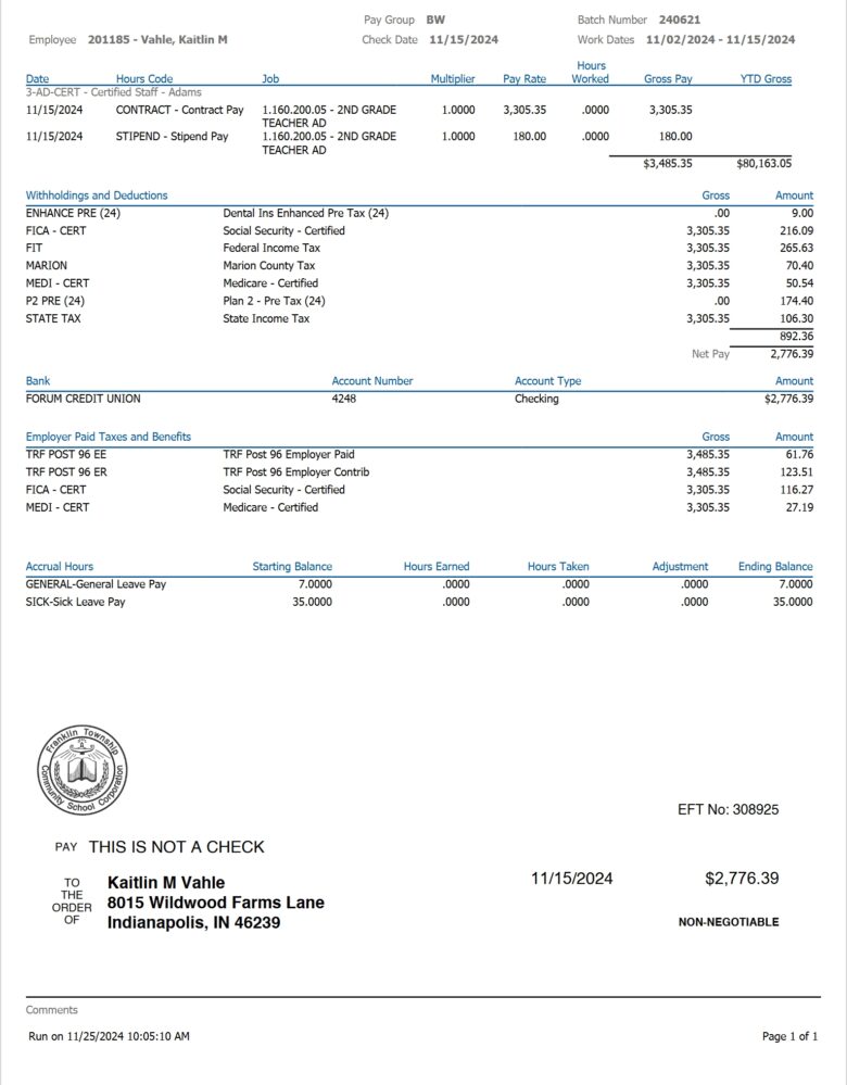 USA Franklin Township Community School Corporation Pay Stub Word And PDF Template