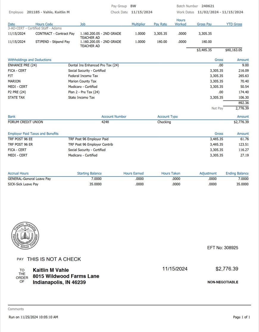 USA Franklin Township Community School Corporation Pay Stub Word And PDF Template