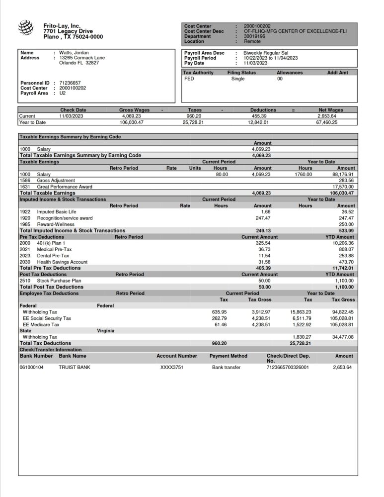 USA Frito Lay Inc PayStub Template In Word And PDF format