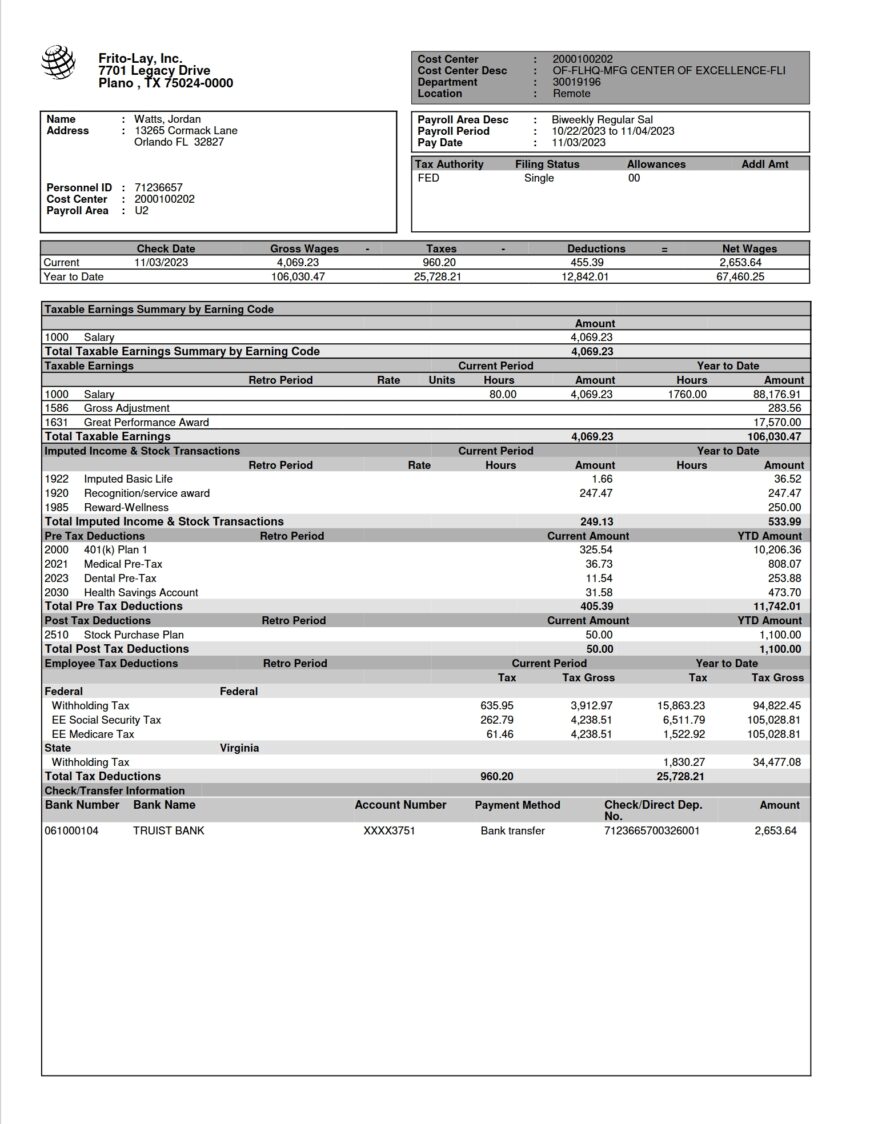 USA Frito Lay Inc PayStub Template In Word And PDF format