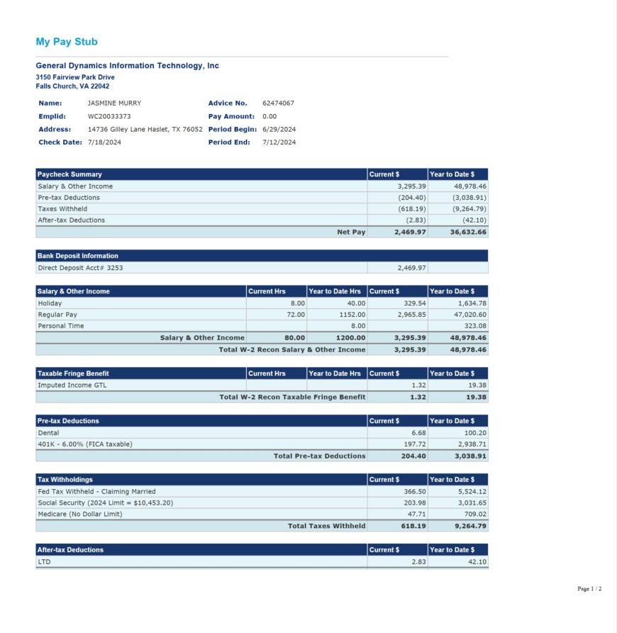 USA General Dynamics Information Technology PayStub Word And PDF Template 4 Pages