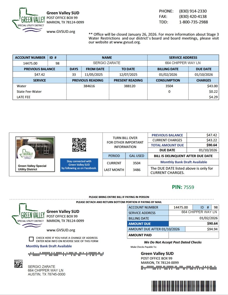 USA Green Valley Special Utility District Utility Bill Word And PDF Template 2 Pages