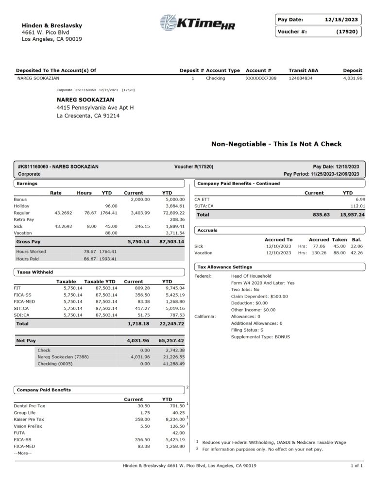 USA Hinden Breslavsky Paystub Word And PDF Template 2 Pages