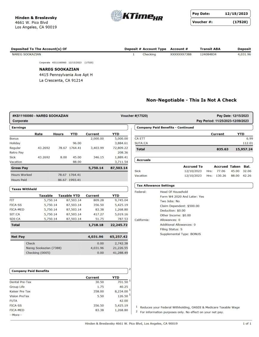 USA Hinden Breslavsky Paystub Word And PDF Template 2 Pages