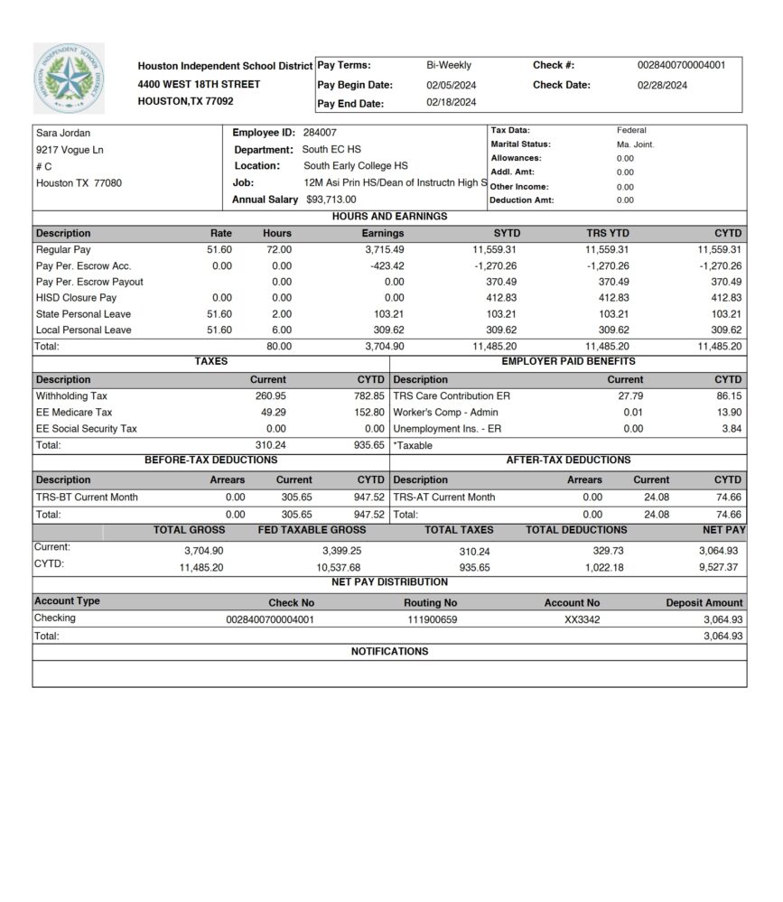 USA Houston Independent School District PayStub Word And PDF Template 4 Pages