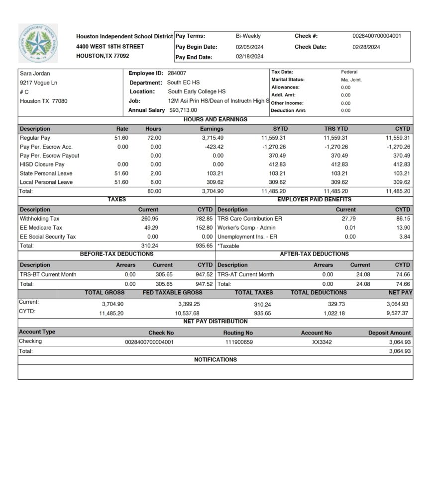 USA Houston Independent School District PayStub Word And PDF Template 4 Pages