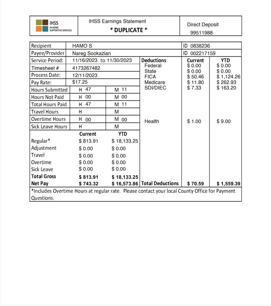 USA IHSS Earnings Statement Word And PDF Template 2 Pages