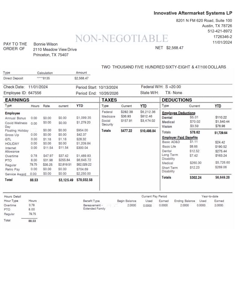 USA Innovative Aftermarket Systems LP Pay Stub Word And PDF Template