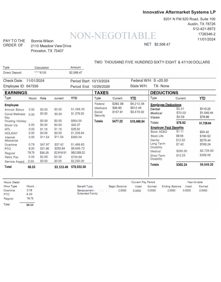 USA Innovative Aftermarket Systems LP Pay Stub Word And PDF Template
