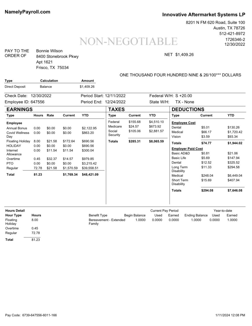 USA Innovative Aftermarket Systems LP PayStub Word And PDF Template 4 Pages