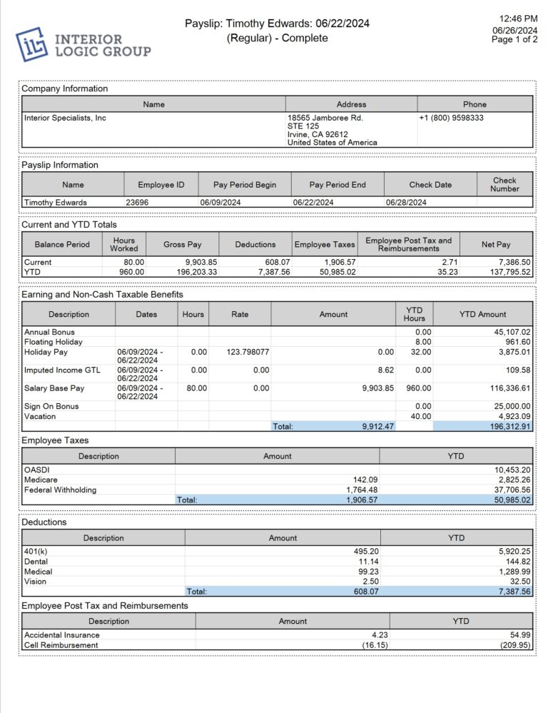 USA Interior Logic Group PayStub Word And PDF Template 4 Pages