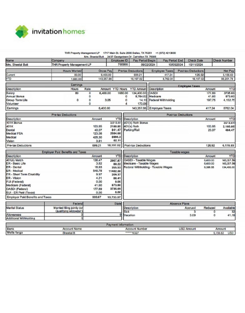 USA Invitation Homes THR Property Management LP PayStub Word And PDF Template