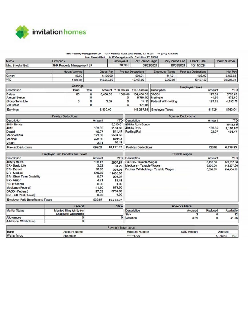 USA Invitation Homes THR Property Management LP PayStub Word And PDF Template