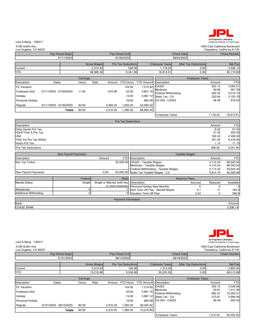 USA Jet Propulsion Laboratory PayStub Word And PDF Template 5 Pages
