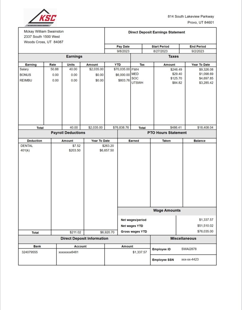 USA KSC SC Pay Stub Word And PDF Template 5 Pages