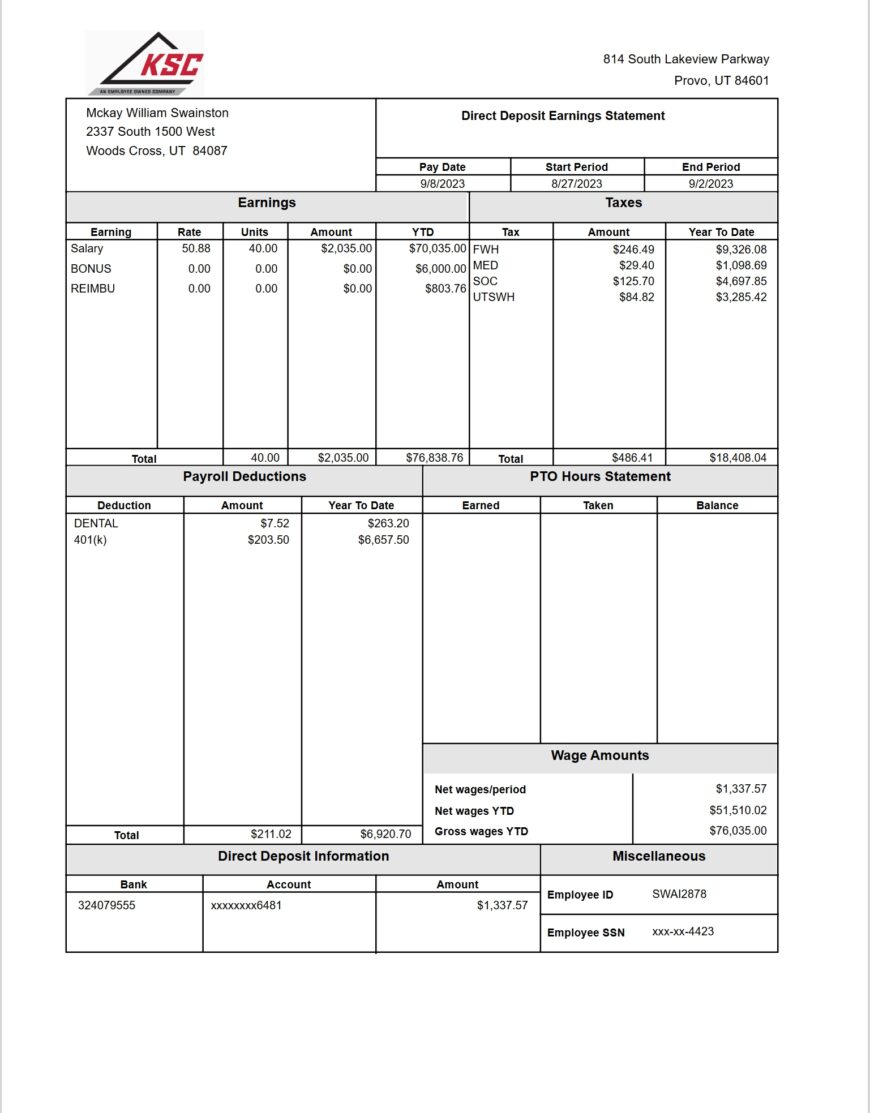 USA KSC SC Pay Stub Word And PDF Template 5 Pages