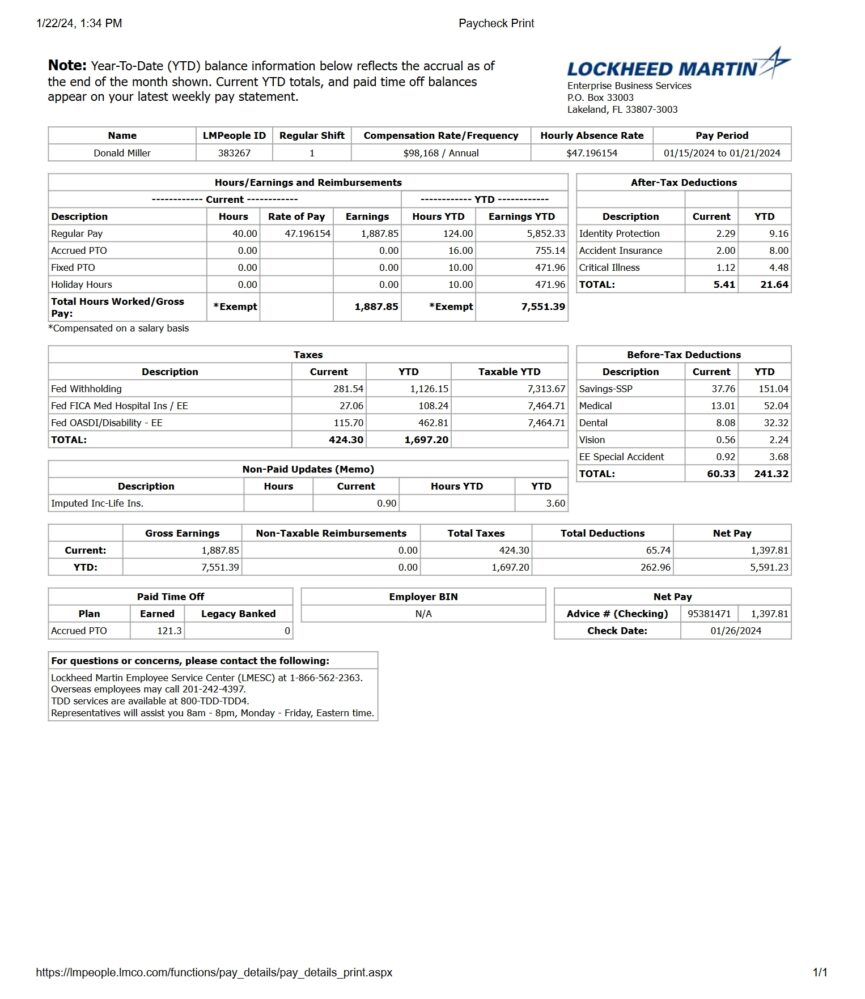 USA Lockheed Martin Pay Stub Word And PDF Template 2 Pages