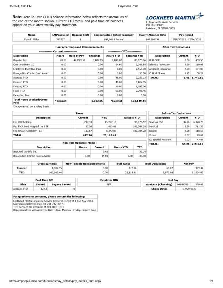 USA Lockheed Martin PayStub Word And PDF Template