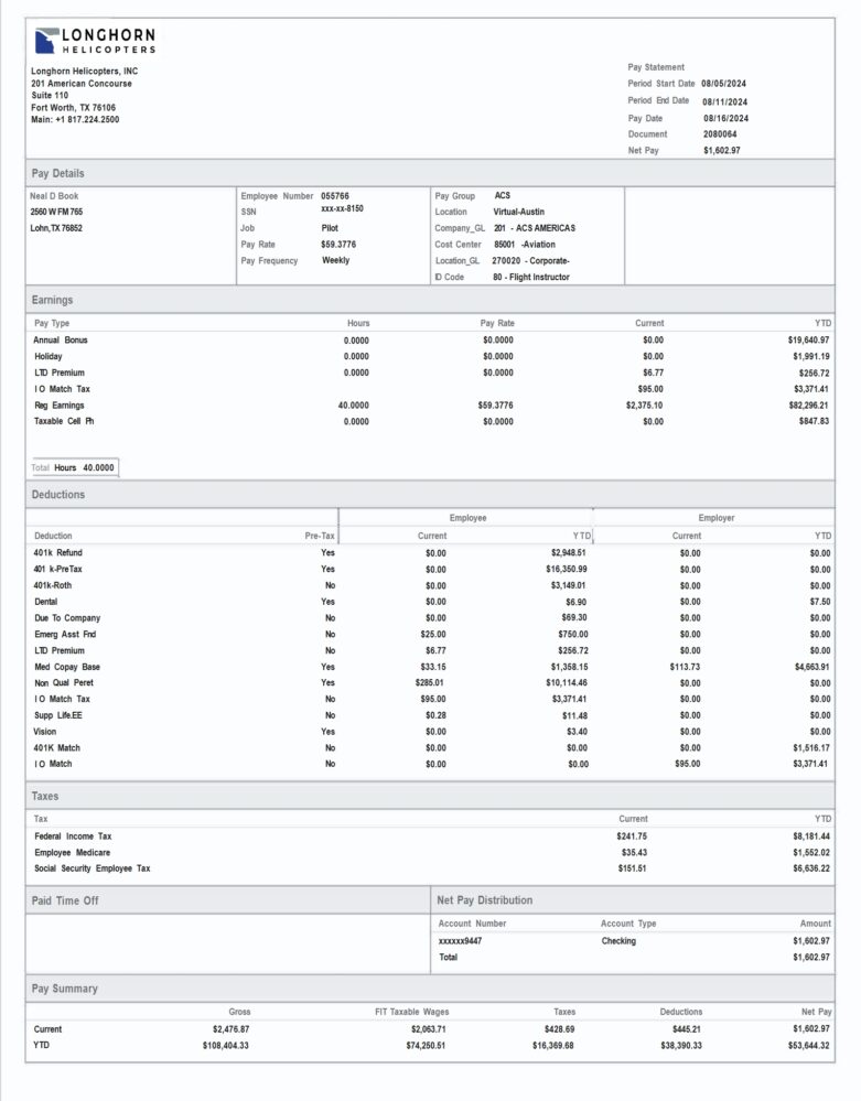 USA Longhorn Helicopters Pay Stub Word And PDF Template