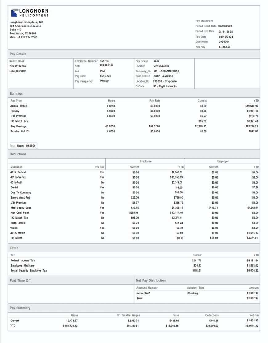 USA Longhorn Helicopters Pay Stub Word And PDF Template