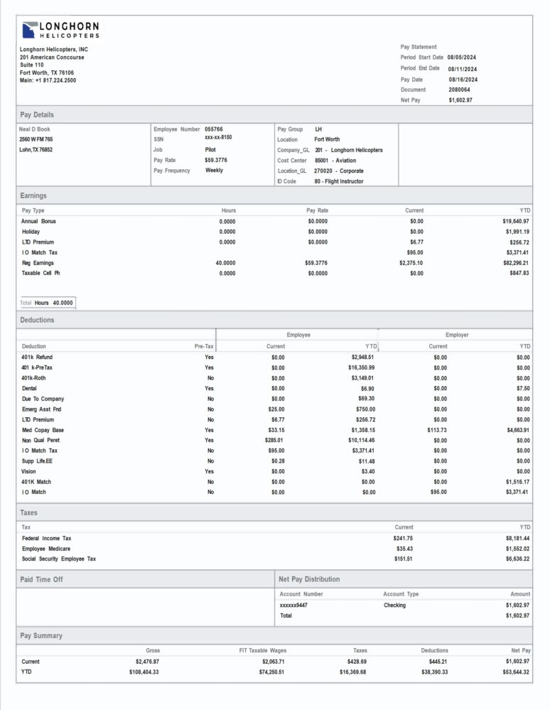 USA Longhorn Helicopters Paystub Template