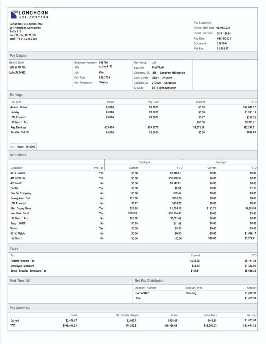 USA Longhorn Helicopters Paystub Template