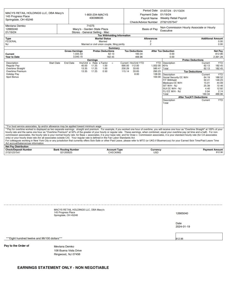 USA MACYS RETAIL HOLDINGS LLC PayStub Word And PDF Template 2 Pages