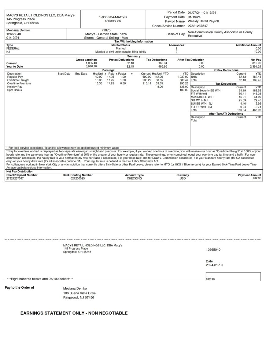 USA MACYS RETAIL HOLDINGS LLC PayStub Word And PDF Template 2 Pages
