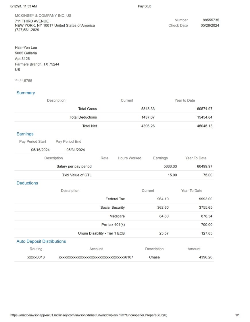 USA McKinsey Company Inc Pay Stub Word And PDF Template