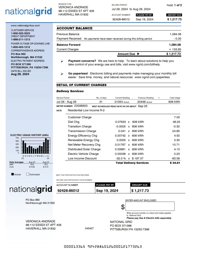 USA National Grid Utility Bill Word And PDF Template 2 Pages