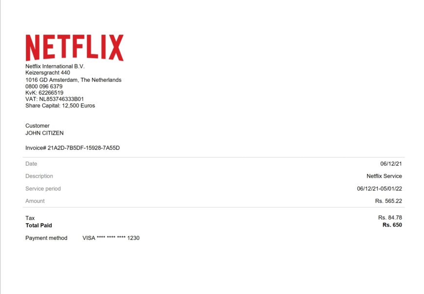 USA Netflix Invoice Word And PDF Template