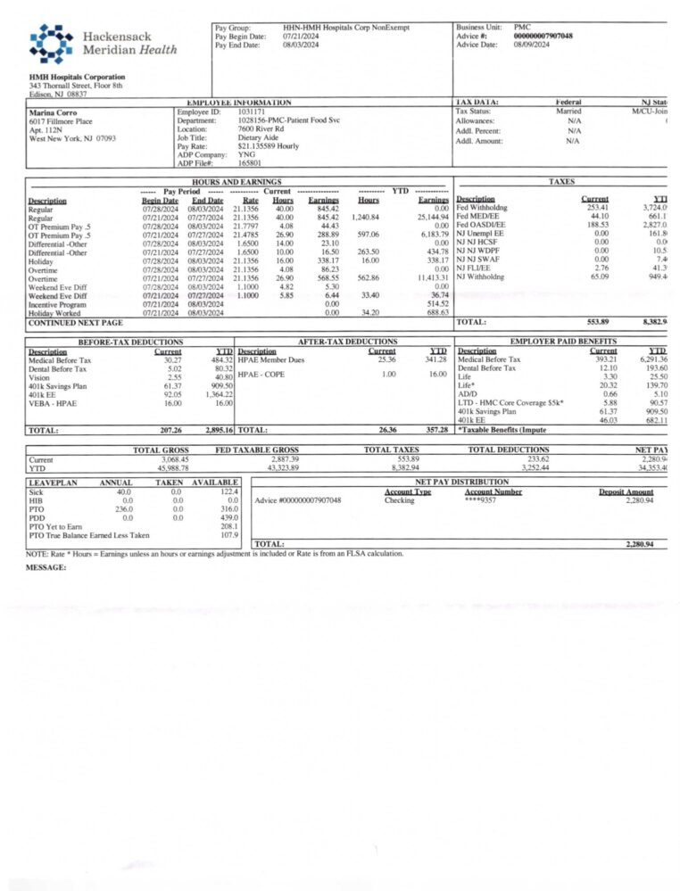 USA New Jersey Hackensack Meridian Health Pay Stub Word And PDF Template 4 Pages