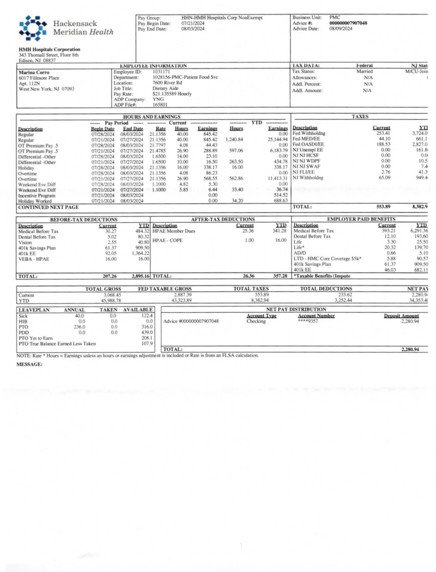 USA New Jersey Hackensack Meridian Health Pay Stub Word And PDF Template 4 Pages