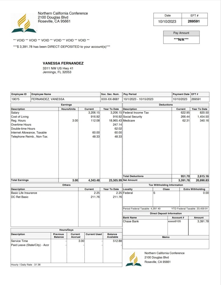 USA Northern California Conference Paystub Word And PDF Template