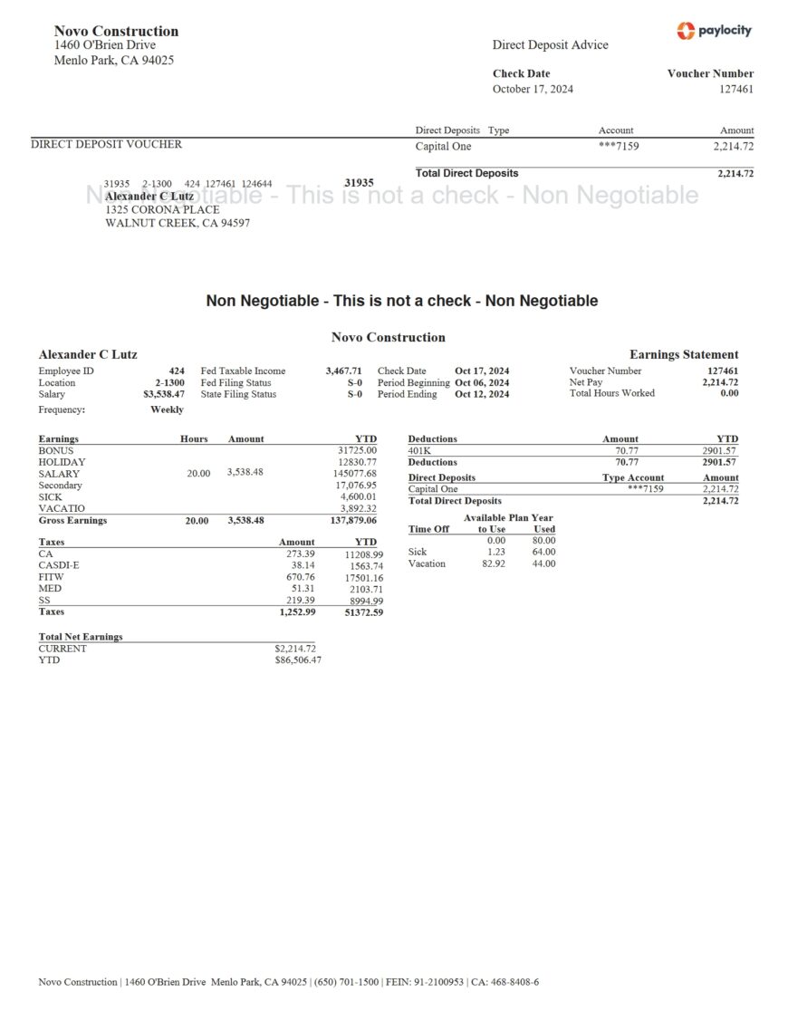 USA Novo Construction Pay Stub Word And PDF Template