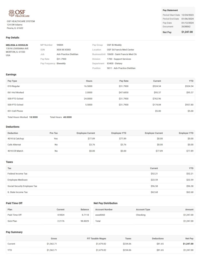 USA OSF HealthCare PayStub Word And PDF Template