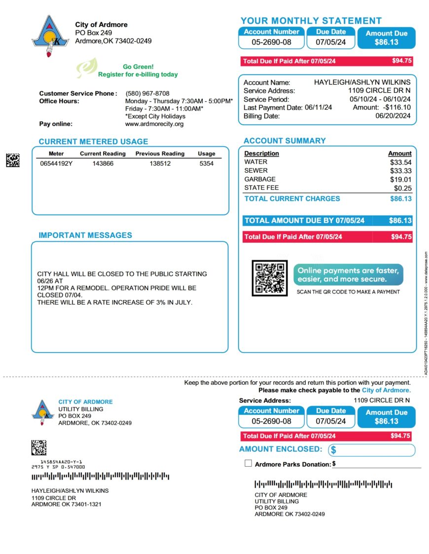 USA Oklahoma City of Ardmore Utility Bill Word And PDF Template 2 Pages