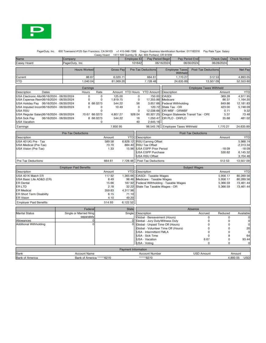 USA PagerDuty Inc Pay Stub Word And PDF Template 2 Pages