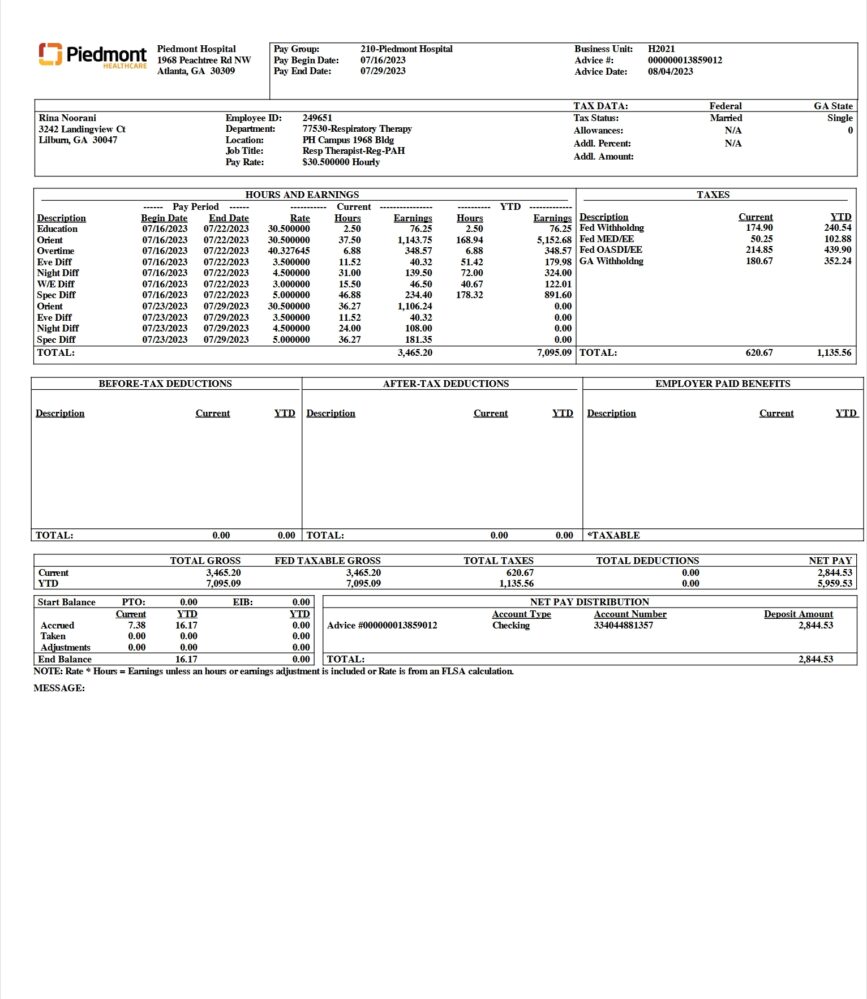 USA Piedmont Healthcare PayStub Word And PDF Template