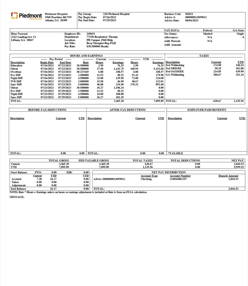 USA Piedmont Healthcare PayStub Word And PDF Template