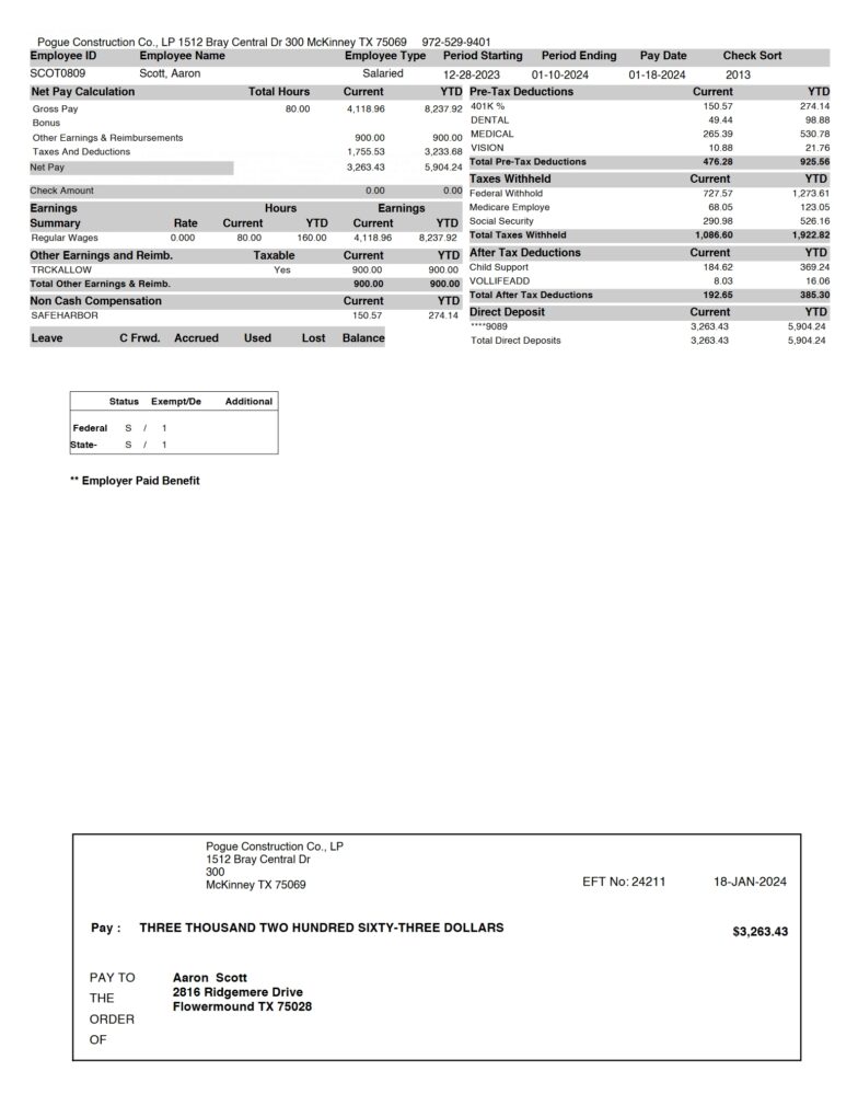 USA Pogue Construction Co PayStub Word And PDF Template 4 Pages